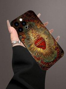 1pc 2D Printed Sacred Heart Cross Pattern Phone Case, Matte Black Frosted Anti-Fingerprint Stain-Resistant TPU Soft Shell, Raised Full Lens Protection, Shockproof Anti-Drop, Dustproof Waterproof, Classic Minimalist Premium Feel, Atmospheric, Ins Style, Retro, Compatible With Iphone All Series, Galaxy Series, Perfect Gift For Friends, Family, Couples, Yourself, Birthday, Holiday - Black - View 4