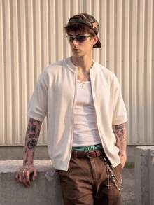 Men's Knit Cardigan Round Neck Short Sleeve Loose Casual Street Style Solid Color Textured Zipper Knit Top Spring Summer - Apricot - View 2