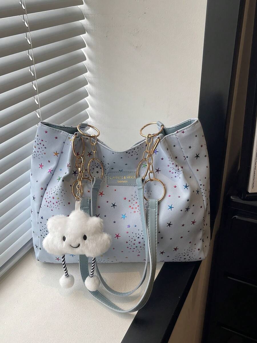 1pc Cloud Pendant Decor Colorful Star Pattern Polyester Fiber Large Capacity Zipper Fashion Shoulder Bag Suitable For Women's Daily Use - Multicolor - View 1
