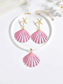 1 Set 3pcs Sweet Ocean Beach Vacation Style Oil Drop Creative Iridescent Starfish Shell Pendant Earrings Necklace Set Suitable For Women Daily Wear, Vacation, Party - Pink - View 4