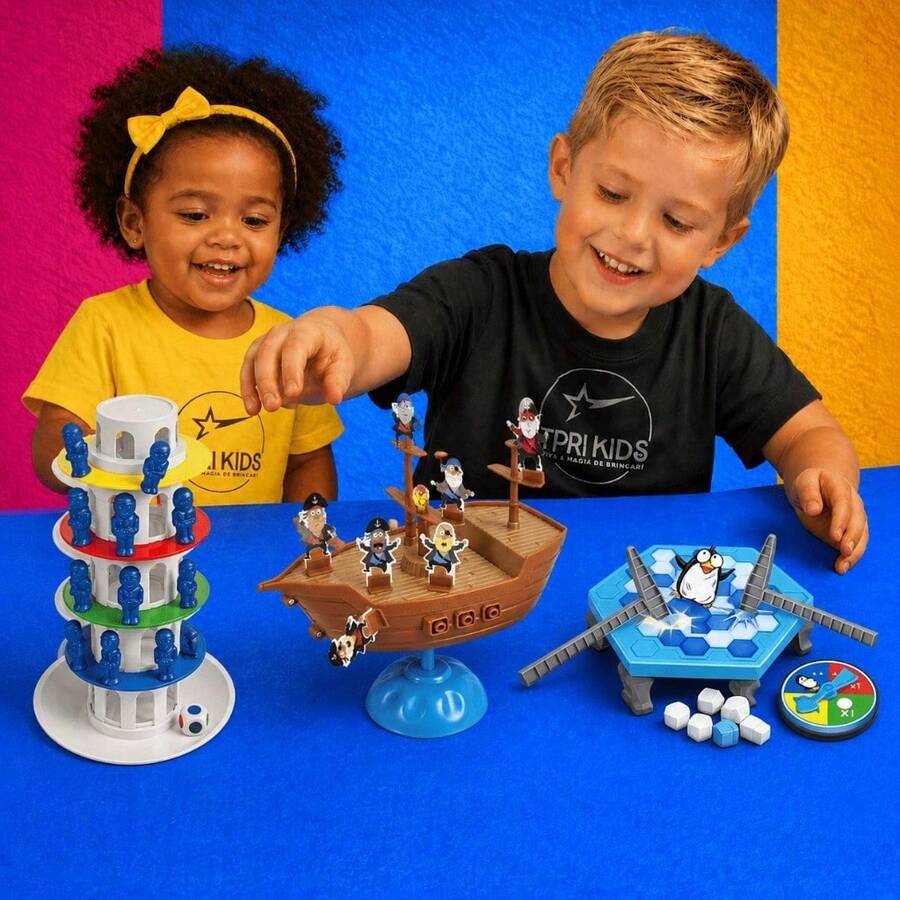 Kit 3 Jogos Brinquedo Infantil Criativo Torre Maluca + Navio Pirata + Pinguim Quebra Gelo Sem Tela - torre + navio p + pinguim m - Visão 1