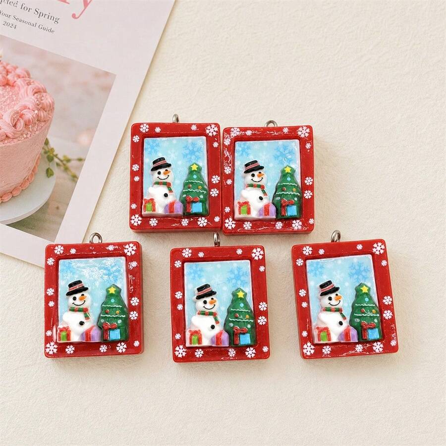 6件組樹脂聖誕紅色相框吊墜,適合DIY珠寶製作,完美用於派對配件、耳環、項鍊、包包 - 聖誕雪人相框吊墜 - 查看 1