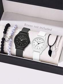 6pcs Couples Quartz Watch Bracelet Necklace Set, Fashion Casual Minimalist Digital Scale Round Dial, Suitable For Daily Wear, Decoration, Valentine's Day, Wedding Season, Anniversary, Various Festival Gifts For Boyfriend/Girlfriend - Multicolor - View 1