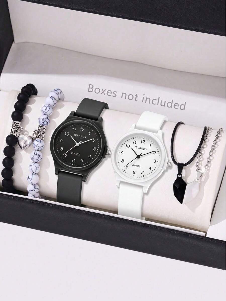 6pcs Couples Quartz Watch Bracelet Necklace Set, Fashion Casual Minimalist Digital Scale Round Dial, Suitable For Daily Wear, Decoration, Valentine's Day, Wedding Season, Anniversary, Various Festival Gifts For Boyfriend/Girlfriend - Multicolor - View 1