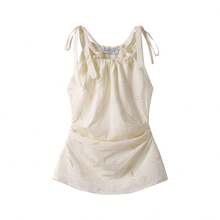 Sweet & Spicy Slimming Vibe 無袖上衣，純色棉質刺繡細肩帶背心，適合晚間約會、度假、日常穿著，夏季款 - 杏色 - 查看 1