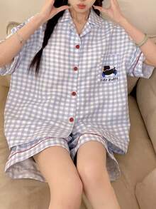 2件組女款睡衣套裝，格紋印花短袖短褲附口袋，舒適時尚，易打理面料 - 藍白色 - 查看 7