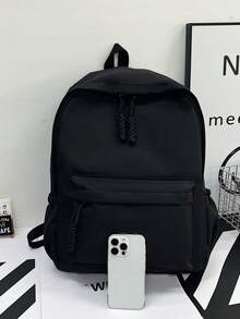 1pc Nylon Solid Color Large Capacity Backpack, Fashion Casual Student School Commute Travel Bag For Men And Women - Black - View 3