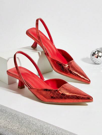 Damers enfärgade pumps med stenstruktur i PU, kittenklack, eleganta spetsiga högklackade skor med ankelrem och öppen häl (random cut)