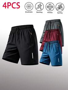 4pcs Men's Sports Shorts, Zipper Pockets, Elastic Drawstring Waistband, Lightweight Design Suitable For Running, Fitness And Casual Occasions Summer - Multicolor - View 4