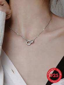 1pc S925 Sterling Silver Geometric Hollow Circle Necklace, Fashionable Light Luxury Personalized Exquisite Korean Minimalist Ins Cold Style Interlocking Design Niche Clavicle Chain, Suitable For Daily Casual Wear, Versatile Elegant Neck Accessory Gift - Ring - View 10
