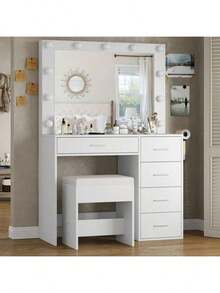 FUSOU 37" LED Makeup Vanity Desk With Mirror, Power Outlet & USB Ports, 3 Dimmable Lights, 5 Drawers, Glass Top & Stool, White - White - View 2