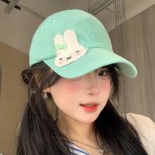 1pc New Cute Rabbit Polka Dot Mint Green Baseball Cap For Women, Spring/Summer Versatile Wide Brim Face-Slimming Sun Protection Baseball Cap - Multicolor - View 3