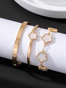 3pcs Luxury Elegant Classic Versatile Summer Vacation Vibe Soft White Clover Women's Bracelet Set - Yellow Gold - View 2