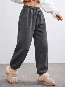 Pantalones de chándal con forro térmico para mujer, aptos para uso casual en otoño/invierno, cálidos y cómodos para deportes en clima frío - Gris Oscuro - Ver 6
