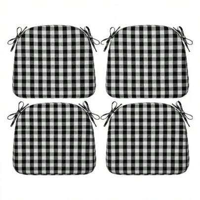 4 Pack Black  Checkered Chair Cushions Suitable For Dining. Water Buffalo Checkered Anti-Slip Chair Cushion With Lacing And Detachable Cover.