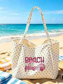 Vintage Polka Dot White Large Capacity Shoulder Bag Set - Black Letter "Beach" Print And Magenta Glitter Letter Style, Shopping And Travel Tote Bag With White Small Bag, Foldable Shoulder Handbag, Commuter Tote Bag, Tablet Bag, Storage Bag, Summer Essential Travel Bag, Suitable For Beach Trips, Pool Days, Shopping And Daily Use. Back To School, Teacher's Day Gift - Multicolor - View 16