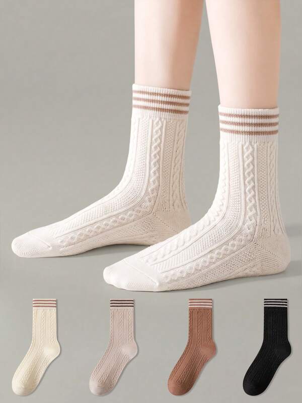 ZUJO 4 Pairs Of Women's Mid-Calfsocks, Cable Knit&Striped Pattern, Suitable For Suitable Autumn&Winter Wear, Simple And Comfortable,With Random Colors
