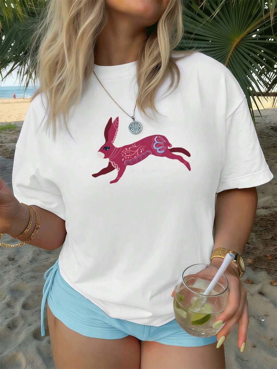 Women's Vintage Rabbit Graphic T-Shirt, Autumn, Quality Fabric, Unique Graphic Print, Casual, Breathable. - White - View 1