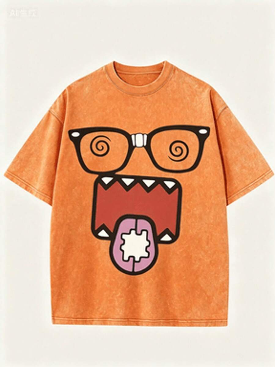 Epic Funny Dizzy Monster Print Washed Cotton T-Shirt, 220g Vintage Streetwear Loose Short Sleeve Tee, Aesthetic Casual Summer Top - 橘色 - 查看 1
