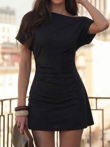 Unadoll Women's Autumn Black One-Shoulder Short Sleeve Ruched Mini Dress, Fitted Flare Skirt Elegant Summer - Black - View 5