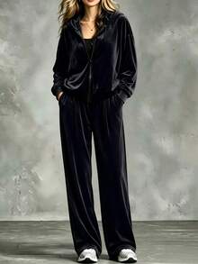 Plus Size Women, Minimalist Solid Color Casual Velvet Hooded Zip-Up Jacket + Wide Leg Pants 2-Piece Set, Loose Fit Slimming High-End Casual Outfit, Suitable For Daily Wear, Home And Commute - Black - View 1