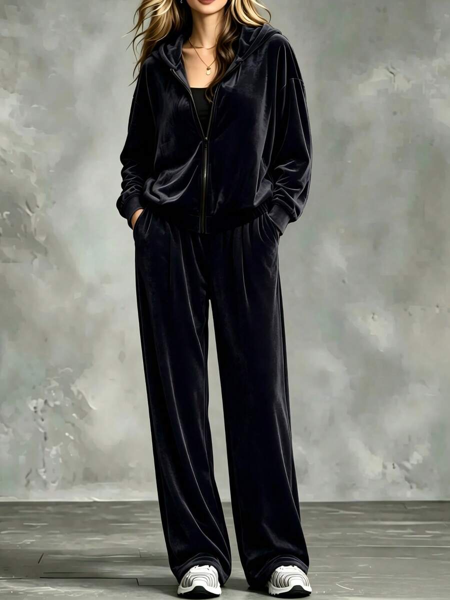 Plus Size Women, Minimalist Solid Color Casual Velvet Hooded Zip-Up Jacket + Wide Leg Pants 2-Piece Set, Loose Fit Slimming High-End Casual Outfit, Suitable For Daily Wear, Home And Commute - Black - View 1