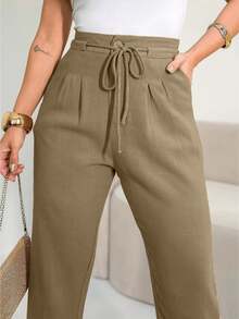 Women's Linen High Waist Trousers With Elegant And Detailed Rope Belt And Pence - 摩卡棕 - 查看 1