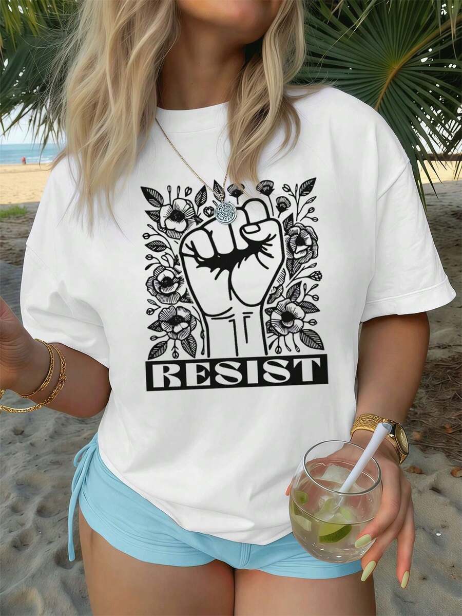 Camiseta de mujer Resist Graphic Floral confeccionada en tejido de alta calidad, de corte cómodo, estilo urbano hip-hop y estampado de gran impacto. - Blanco - Ver 1