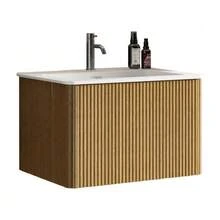 Washbasin With Vanity Unit For Small Bathrooms, Mineral Cast Basin, Grooved Design, 60cm Wall-Mounted Bathroom Unit, Natural Oak Color, Pre-Assembled - 駝色 - 查看 4