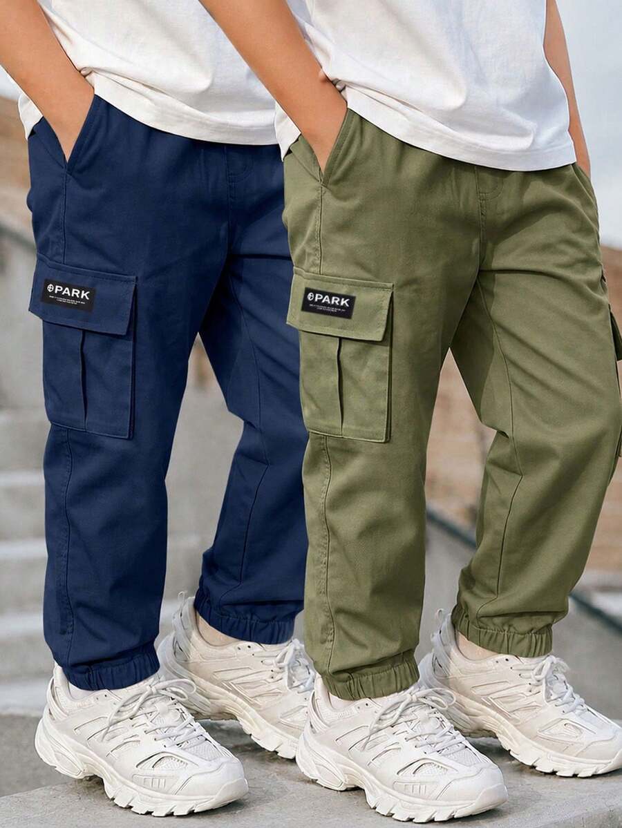 2件裝男童時尚簡約運動風百搭多口袋工裝褲 - 彩色 - 查看 1