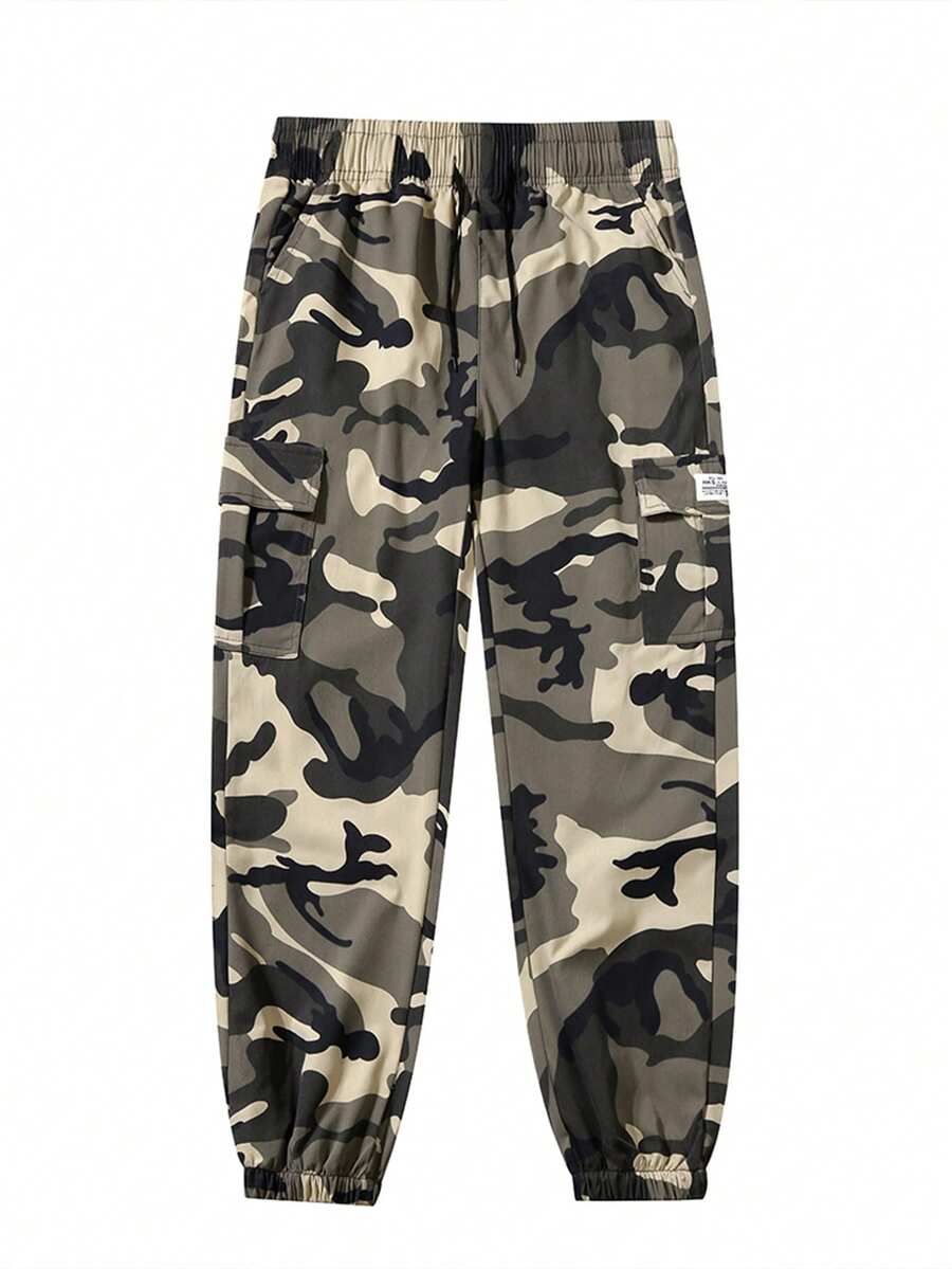 Men's Outdoor Sports Camouflage Cargo Pants With Cuffed Hem And Multiple Pockets - Khaki - View 1