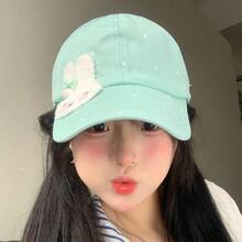 1pc New Cute Rabbit Polka Dot Mint Green Baseball Cap For Women, Spring/Summer Versatile Wide Brim Face-Slimming Sun Protection Baseball Cap - Multicolor - View 4