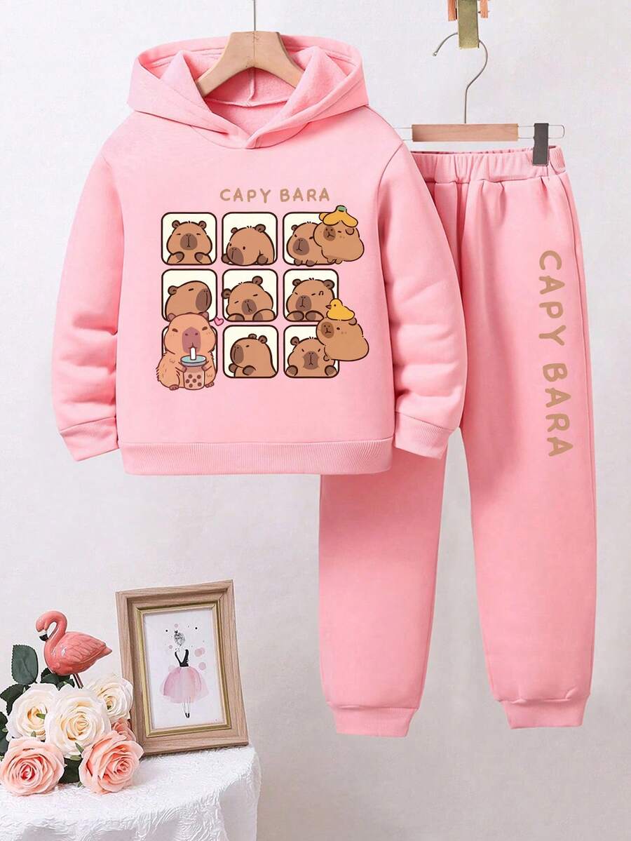 2pcs/Set Toddler Cartoon Print Warm Hoodie And Sweatpants Set - Pink - View 1