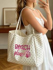 Vintage Polka Dot White Large Capacity Shoulder Bag Set - Black Letter "Beach" Print And Magenta Glitter Letter Style, Shopping And Travel Tote Bag With White Small Bag, Foldable Shoulder Handbag, Commuter Tote Bag, Tablet Bag, Storage Bag, Summer Essential Travel Bag, Suitable For Beach Trips, Pool Days, Shopping And Daily Use. Back To School, Teacher's Day Gift - Multicolor - View 3