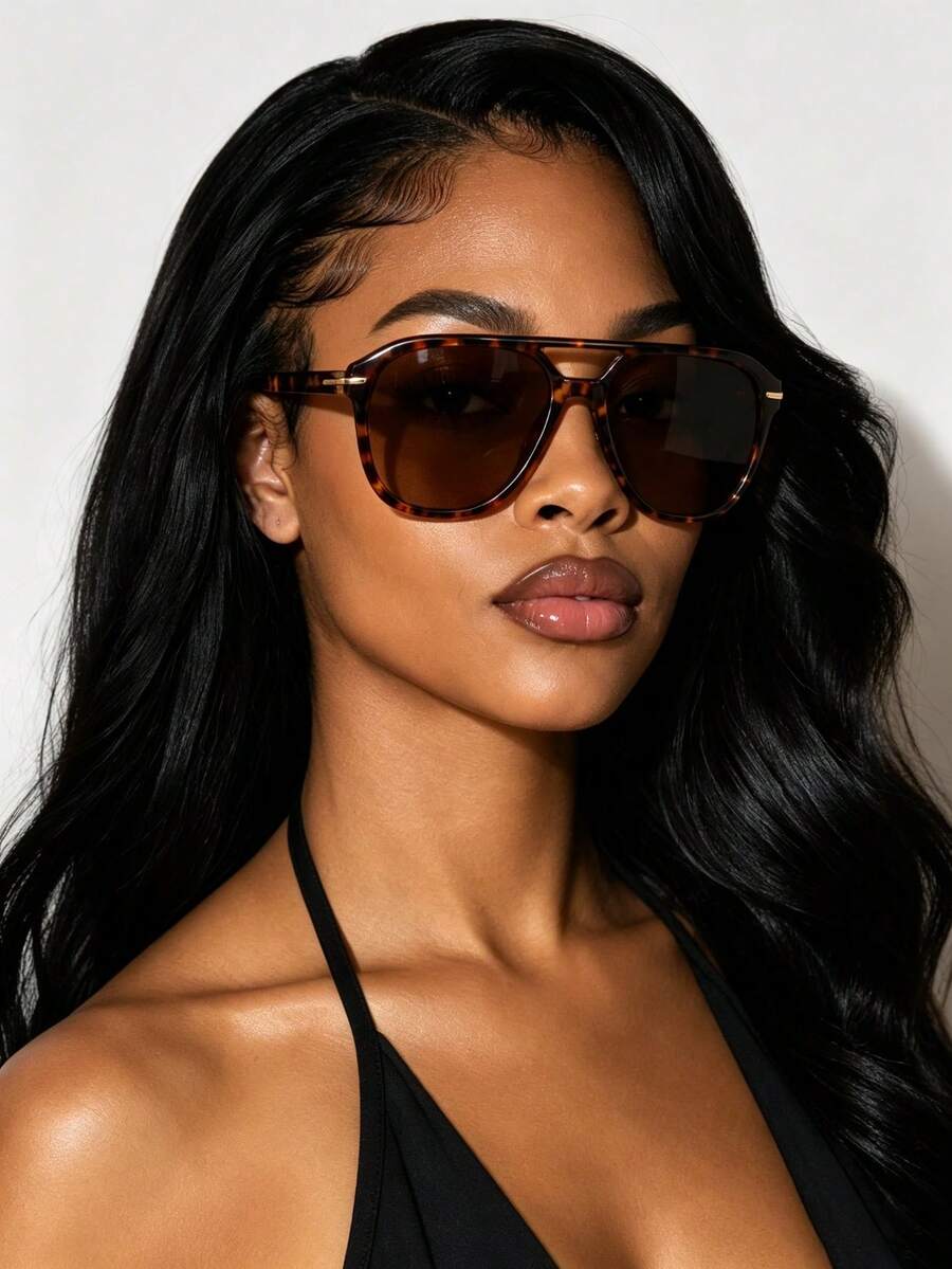 1 Pair Double-Bridge Aviator Style Fashion Square Tortoiseshell Frame Fashion Glasses, Suitable For Summer Beach, Daily Wear, Outdoor Travel, Street Photography, Party, Elegant Gift For Women - Multicolor - View 1
