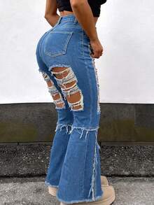Plus Size Denim Straight Leg Jeans For Women, Medium Stretch Long Pants With Zipper Details, Perfect For Fall Women's Clothes - Blue - View 2
