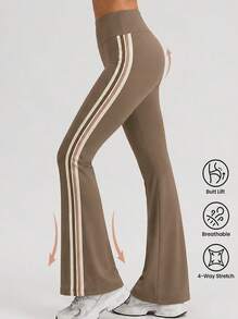 Never me Women's Wide Elastic Waist Tummy Control Design Fitted Flare Yoga Leggings With Contrast Color Side Straps For Daily Wear - Brown - View 3