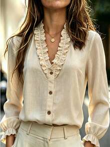 Women's V-Neck Solid Color Ruffle Blouse, French Elegant Long Sleeve Pullover Top, Autumn/Winter Daily Commute Outfit - Apricot - View 2
