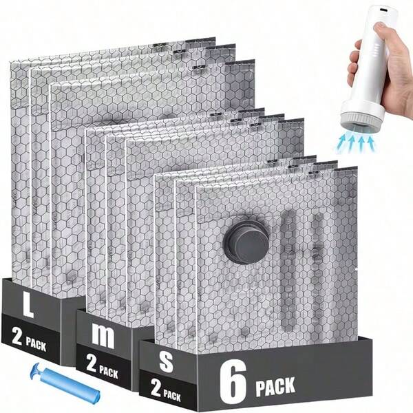 Grup Erik 7pcs Gray Travel Vacuum Storage Bags Set, Includes Manual Pump, 2 Small 2 Medium 2 Large, Space-Saving Clothing Storage, Suitable For Closet, Under Bed, Laundry Room