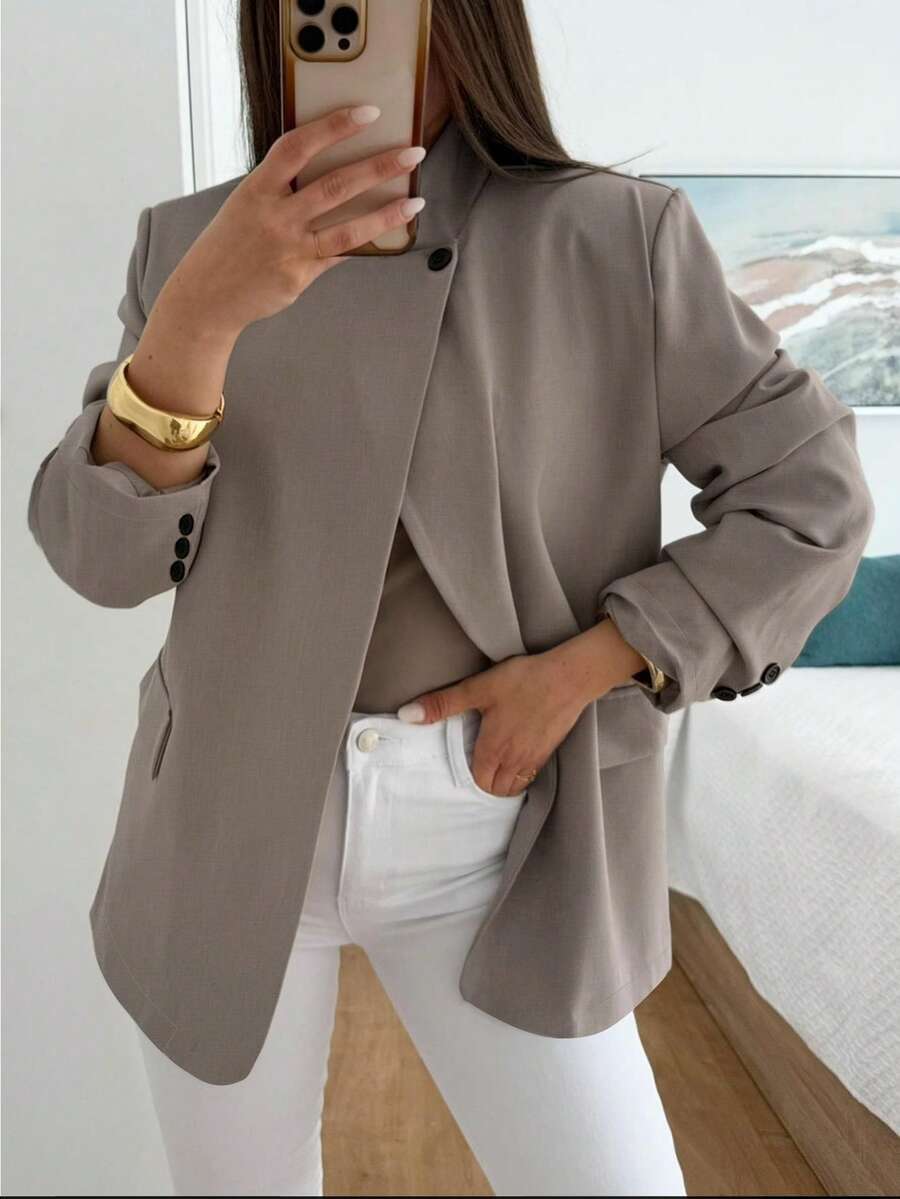Blazer Kasual Wanita Elegan dengan Desain Asimetris Terbuka di Bagian Depan, Cocok untuk Awal Musim Gugur/Semi, Gaya Vintage Elegan, Sesuai untuk Perjalanan dan Pakaian Kantor, Warna Cokelat - Coklat - View 1