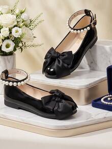 1 Pair Girls' Shiny Black Mary Jane Flat Shoes, Bow Pearl Buckle Ankle Strap Round Toe Princess Wedding Party Formal Shoes, Children's Fashion Elegant Shoes - Black - View 2