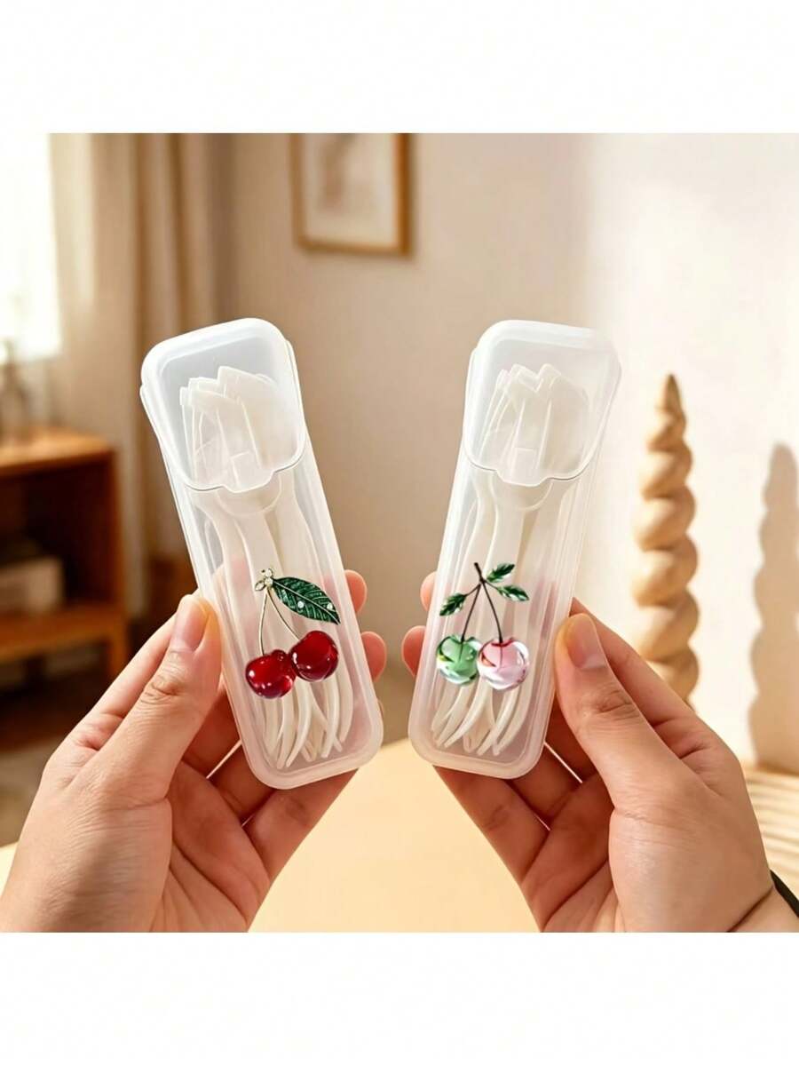Alluring Cherry Pattern Portable Travel Storage Box - Toothpick, Floss And Daily Organization Storage Box, Compact And Convenient, Travel Storage Box, Mini Storage Box, Suitable For Carrying Small Items Container, Leak-Proof Travel Pill Storage Box, Portable Cotton Swab Box, Can Be Used As Holiday Gift - Multicolor - View 1