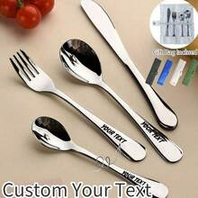 1 Set/4pcs Customizable Stainless Steel Cutlery Set With Bear Pattern, Ideal For Everyday Use And Universal Gifts - Silver Plain + Cutlery Bag - View 13