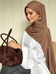 1pc Women's Minimalist Classic Solid Color Elegant Casual Trimmed Scarf, Premium Knitted Modal Jersey Hijabs Scarf, Long Scarf Style Headwrap Turban, Suitable For Daily Life And Outings - Light Khaki - View 3
