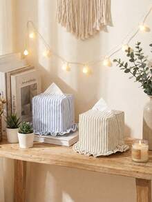 1PC Striped Ruffle Fabric Tissue Box Cover, Washable And Reusable Tissue Holder, Frilly Trim Napkin Dispenser Bag, Dustproof Storage For Bedroom Bathroom Car Desk And Cottagecore Home Decor - Multicolor - View 5