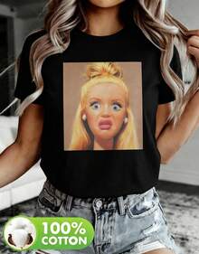 Women's Vintage Spring-Summer Collection Round Neck Funny Print Versatile T-Shirt, Suitable For Shopping Trips, Dates And Summer Holidays. - 黑色 - 查看 11