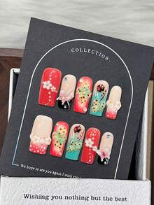 10pcs Kawaii Summer Dopamine Press On Nails, Red Teal Ladybug Floral Butterfly Long Square Fake Nails 3D White Mini Daisy Iridescent Bubble Rhinestone, For Outdoor Trip, Grad Dance & Floral Afternoon Tea, With Jelly Glue And Nail File - Multicolor - View 1
