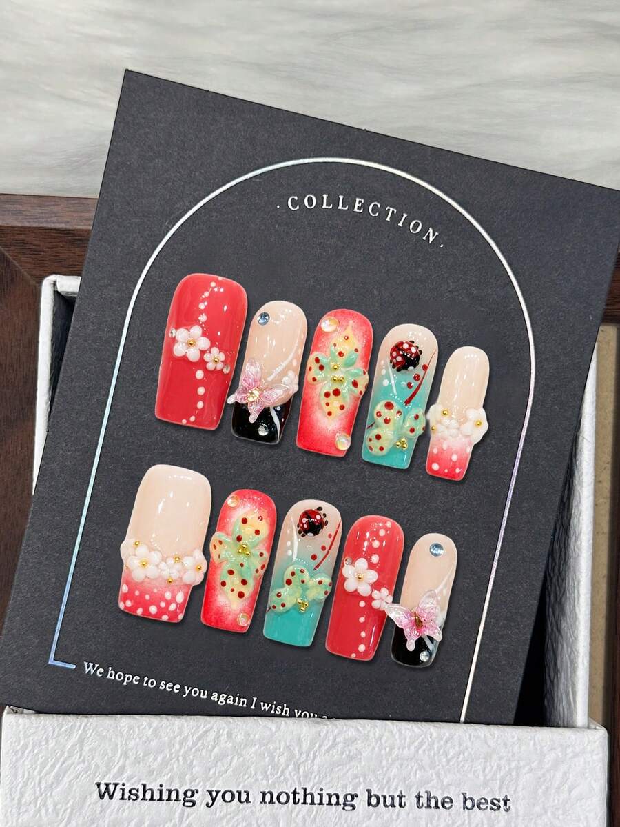 10pcs Kawaii Summer Dopamine Press On Nails, Red Teal Ladybug Floral Butterfly Long Square Fake Nails 3D White Mini Daisy Iridescent Bubble Rhinestone, For Outdoor Trip, Grad Dance & Floral Afternoon Tea, With Jelly Glue And Nail File - Multicolor - View 1