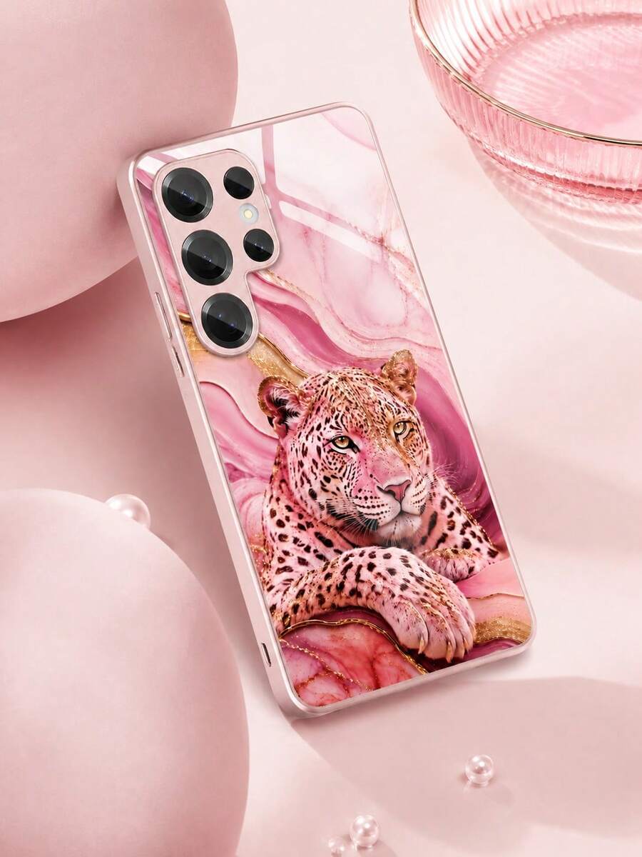 1PC Luxury Pink Marble Leopard Print Phone Case, Pink Gold Leopard Pattern Pink Metallic Paint Tempered Glass Phone Case, Glossy Metal Glass Back Cover, Luxury Shockproof Protective Case Suitable For Galaxy S25/S24/S23/S22/S21/S20/Note20/A04/A10/A12/A13/A14/A15/A20/A21s/A22/A23/A24/A25/A31/A32/A33/A34/A50/A51/A52/A53/A54/A70/A71/A72, Scratch-Resistant, Wear-Resistant, Excellent Hand Feel, Fashionable Anti-Drop, Cute , Girls Artistic Design - Multicolor - View 1