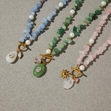 S SHOPBOHO 1pc Niche Colorful Natural Stone Handmade Beaded Collarbone Chain OT Clasp Zirconia Pendant Necklace - Natural Stone - View 5